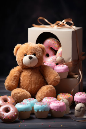 Donuts and teddy bear with gift box on black backgroundの素材
