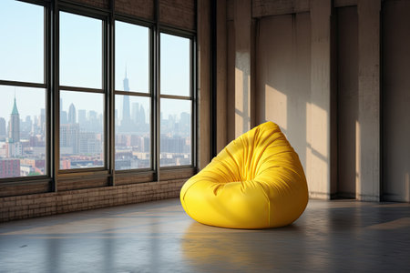 Yellow armchair in modern interior with city view.の素材