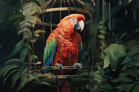 Parrot in a cage on a background of green leaves.の素材