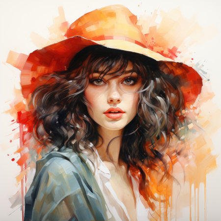 Portrait of a beautiful young woman in hat.の素材