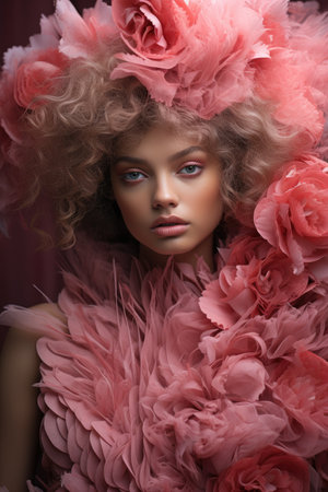 Fashion portrait of beautiful young woman with curly hair and pink flowers. Perfect makeup. Beauty, fashion.の素材