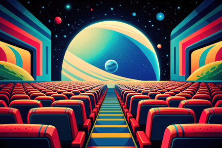 an empty cinema auditorium with seats and planets in the backgroundの素材