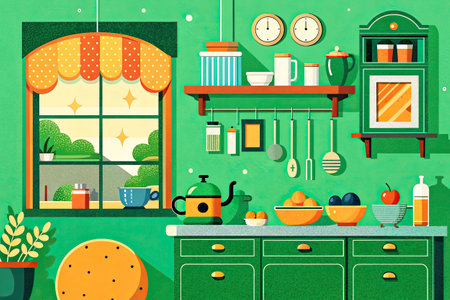 Kitchen interior with furniture and kitchenware. Flat style vector illustration.の素材