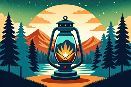 Lantern in the forest. Vector illustration in retro style.の素材