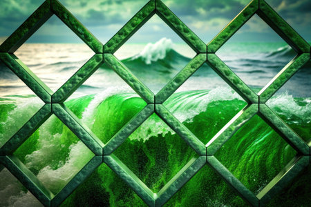Green sea wave on the background of the old stone wall.の素材