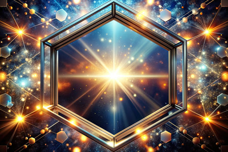 Abstract space background with hexagonal frame and glowing stars.の素材