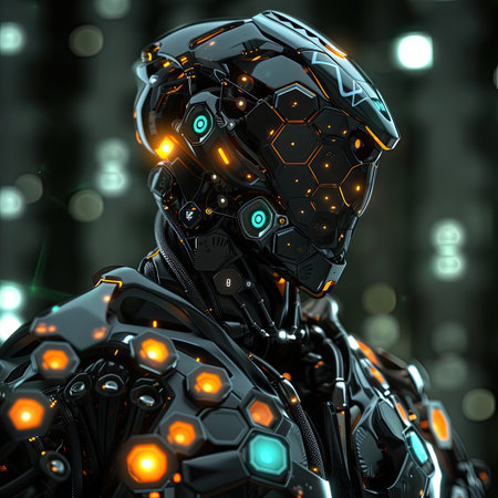 cyborg with glowing lights on backgroundの素材