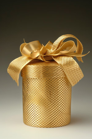 Gift box with gold ribbon on grey background.の素材
