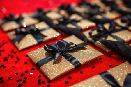 Gift boxes with black and gold ribbons on red background.の素材