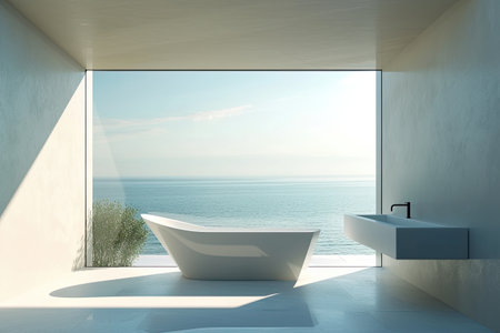 Interior of modern bathroom with white walls, concrete floor, white bathtub standing on it and sea view.の素材