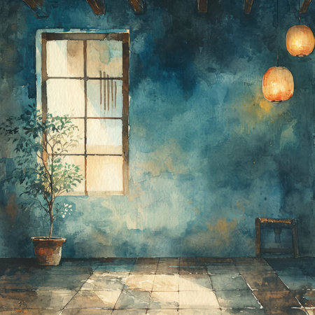 Vintage room with window and plant in pot, grunge backgroundの素材