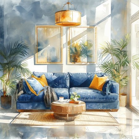 Watercolor Modern living room with blue sofa, coffee table and plants.の素材