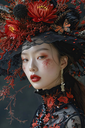 Portrait of a beautiful asian woman in black hat with red flowersの素材
