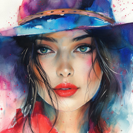 Watercolor Portrait of a beautiful girl in a hat.の素材