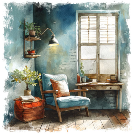 Watercolor Interior of living room with armchair, bookshelf, lamp and plant.の素材