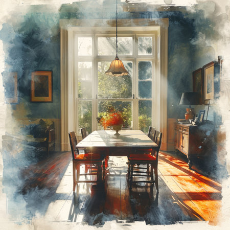 Watercolor Dining room with a large window.の素材