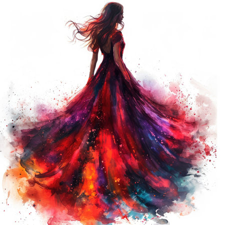 Watercolor Beautiful girl in a long dress.の素材