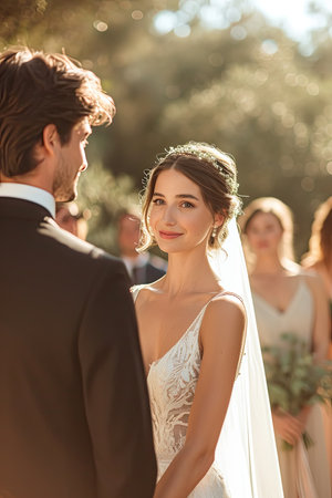 beautiful bride and handsome groom looking at each other on wedding dayの素材