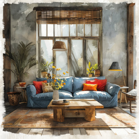Watercolor Contemporary living room interior with blue sofa, wooden coffee table and plants.の素材