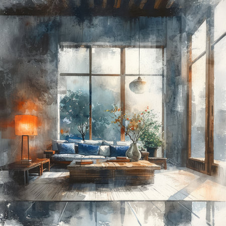Sketch of a living room with a blue sofa, a wooden coffee table and a large windowの素材