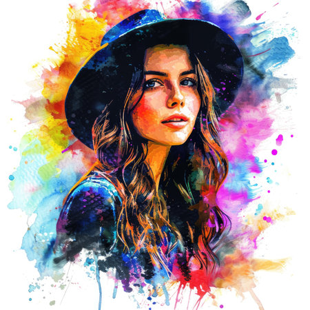 Portrait of beautiful young woman in hat with colorful watercolor splashes.の素材
