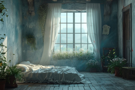 Interior of a bedroom with a large window.の素材