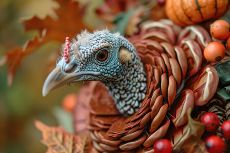 Close-up of a turkey figurine on a background of autumn leavesの素材