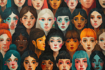 Close up of a group of multiracial women painted on a wallの素材