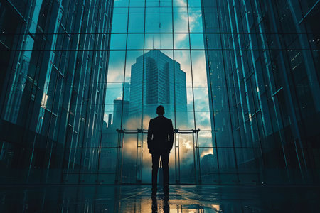 Silhouette of a businessman standing in front of a glass buildingの素材