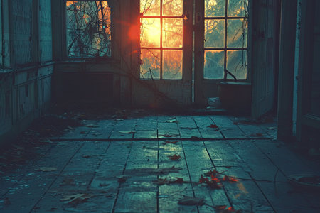 Sunset in the old abandoned houseの素材