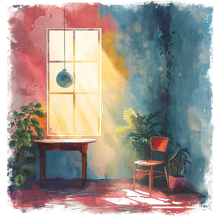 a room with a chair, a window and a plantの素材