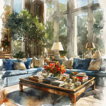 Watercolor Modern living room with blue sofa and coffee table.の素材