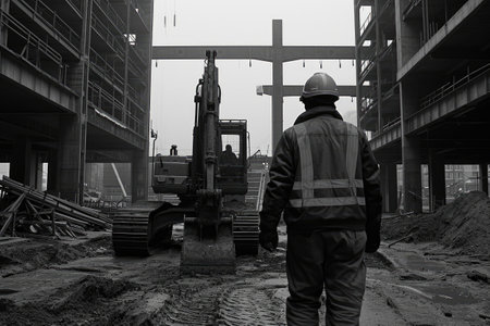 Worker standing in front of construction site. Black and white.の素材