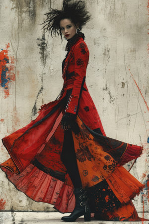 Fashion shot of a beautiful young woman in a red coat and skirtの素材