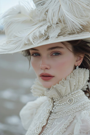 Portrait of a beautiful girl in a white hat on the beachの素材