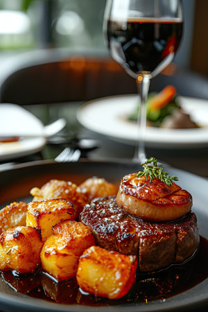 Beef steaks with potatoes and rosemary on plate, closeupの素材