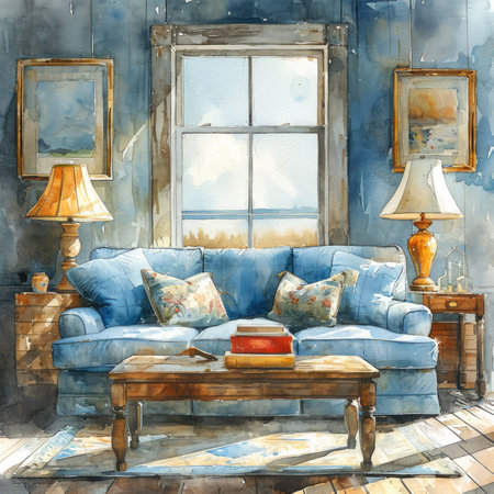 Watercolor illustration of a living room with a blue sofa and a windowの素材
