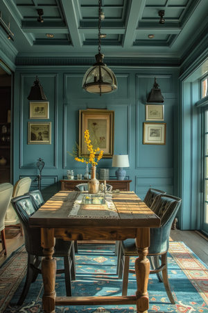 Interior of a beautiful dining room with a wooden table and chairsの素材
