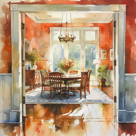 Watercolor Interior of a cafe with a table and chairs.の素材