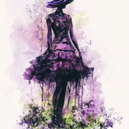 Watercolor Fashion illustration of a beautiful woman in a dress.の素材