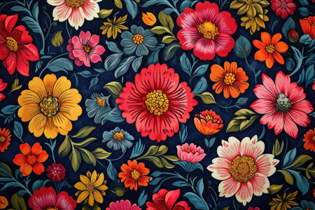 floral pattern with colorful flowers on dark blue background.の素材