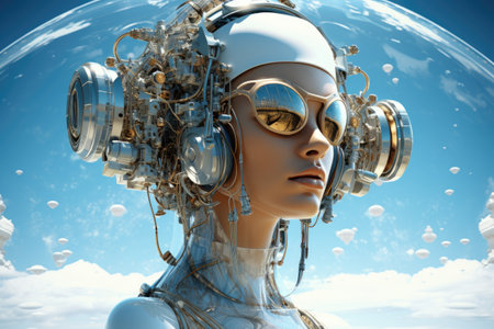 a female astronaut with glasses and headphones on her headの素材
