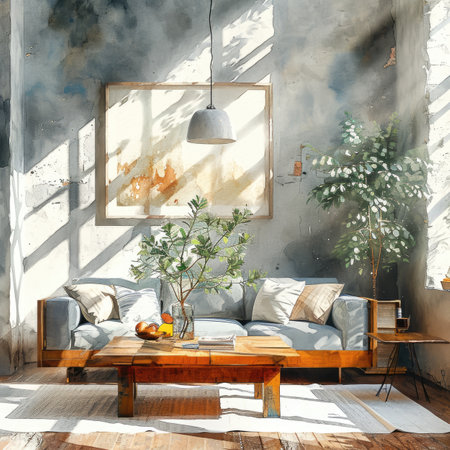 modern living room with sofa, coffee table and plant.の素材