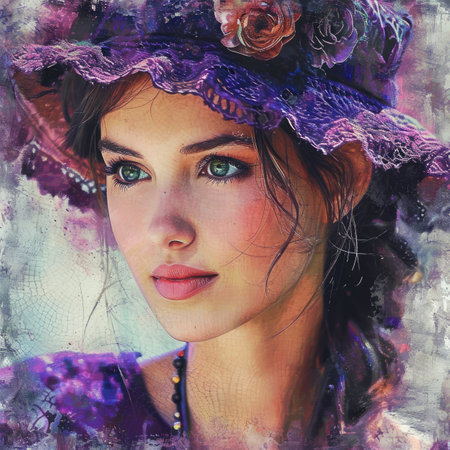 Portrait of a beautiful young woman in a hat with flowers.の素材