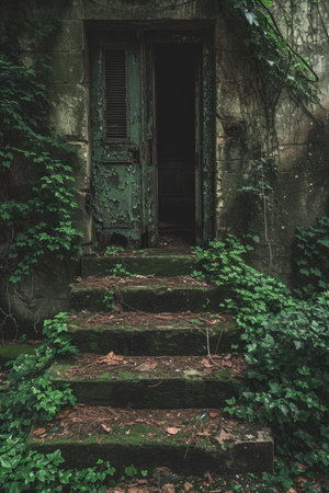 Abandoned house in the jungle. Stairs leading to the doorの素材