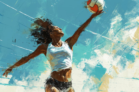 Young african american woman playing volleyball against grunge background.の素材
