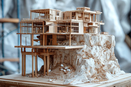Wooden model of the house on the background of a construction siteの素材