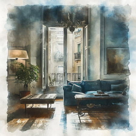 Watercolor Modern living room with sofa and coffee table.の素材