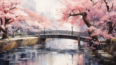 cherry blossom and bridge in japanese gardenの素材