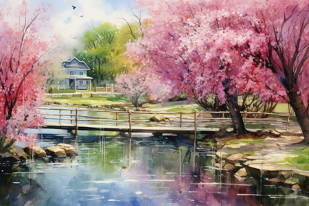 Watercolor painting of cherry blossom in the park. Spring season.の素材